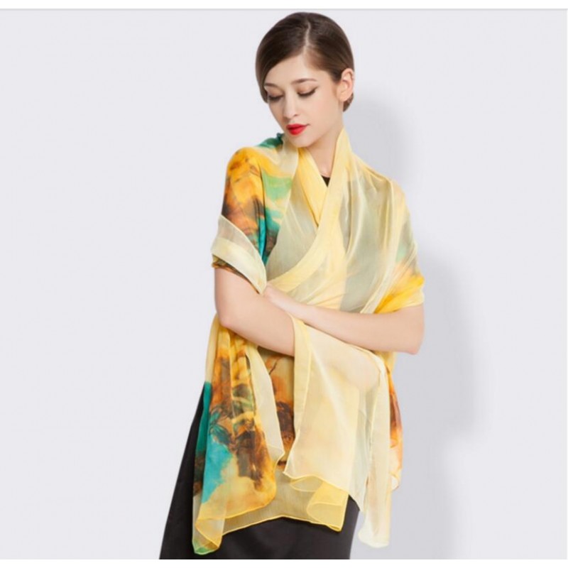 Pure Silk Scarf Camel Yellow Print Women Summer Scarf